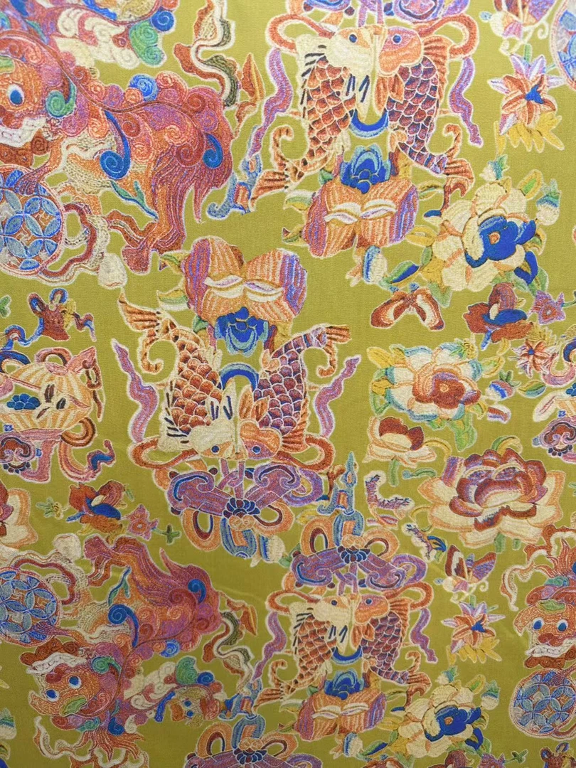 5D木源缎棉绸.锦鲤黄色.  春夏传统连衣裙旗袍套装被套家居服面料