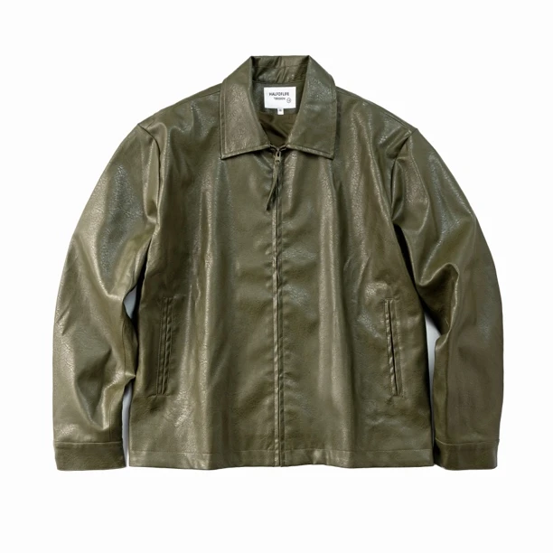 Tension25SS日系休闲翻领复古水洗做旧皮衣拉链外套绿色男士短款