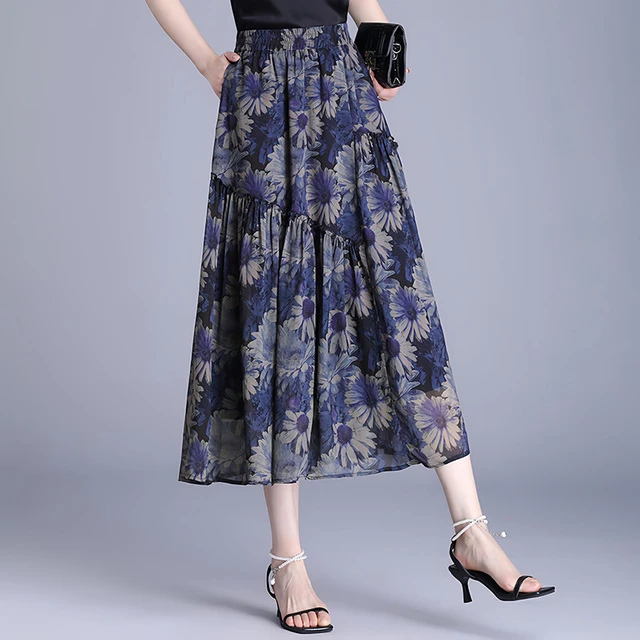 中年妈妈宽松半身裙女雪纺大摆裙2025新款夏长裙花裙气质爆款半裙