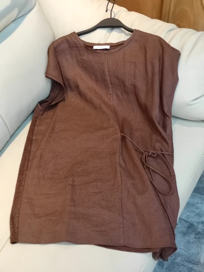 YUNSHUIHE/云水禾棕色掐腰系带短袖衬衫-S5548