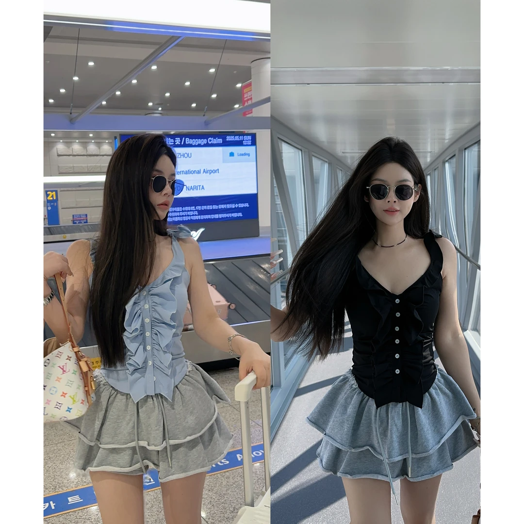 21DEGREES【清甜乌龙茶】花边清甜风小背心灰色双层蛋糕裙裤