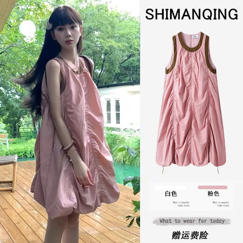 2025孕妇夏季新款减龄褶皱设计显瘦气质款时尚无袖撞色背心连衣裙