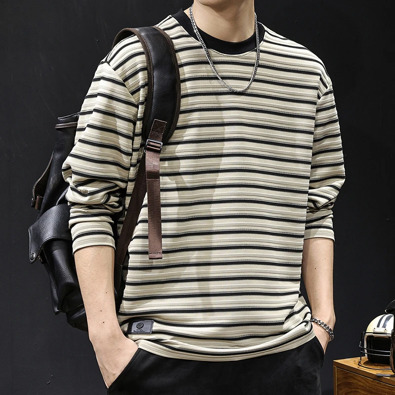 MR.MUDI/穆迪先生秋季新款条纹长袖t恤男士春秋款美式宽松打底衫