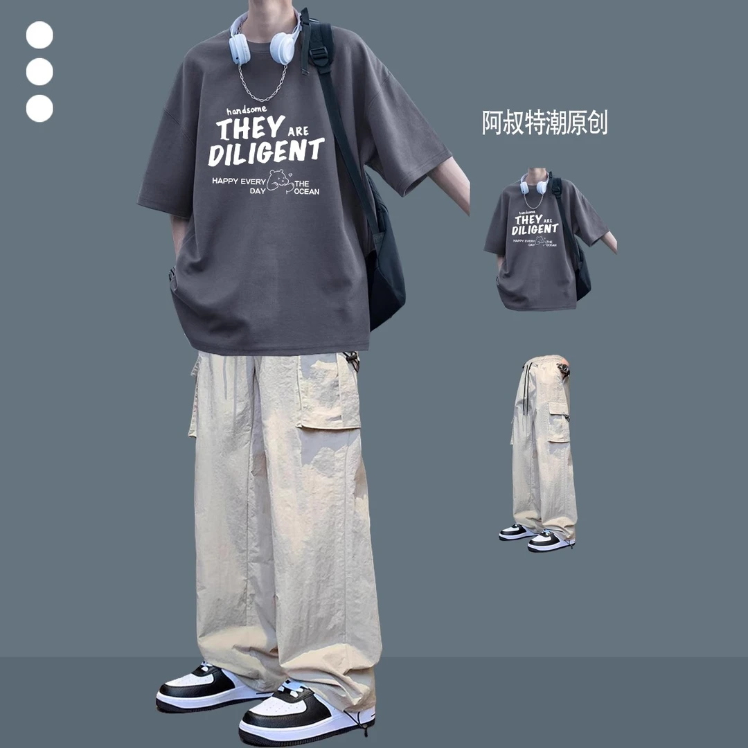 男生套装夏季纯棉短袖t恤青少年初中高中生休闲宽松男装一套搭配