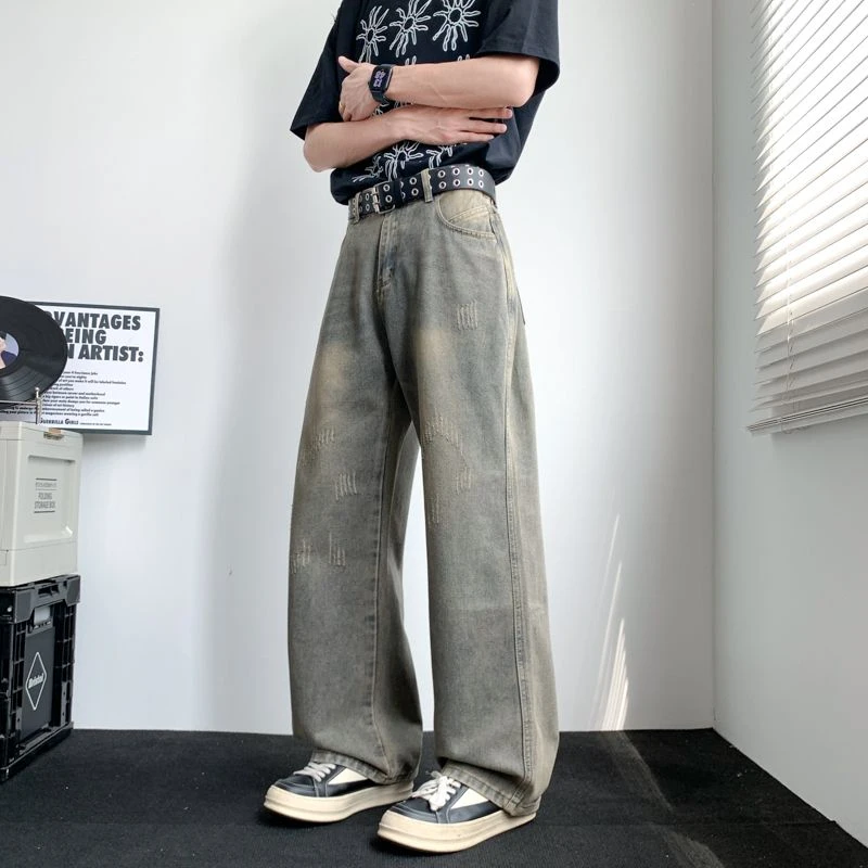 复古美式高街做旧黄泥染直筒牛仔裤男女潮牌猫爪破洞休闲长裤