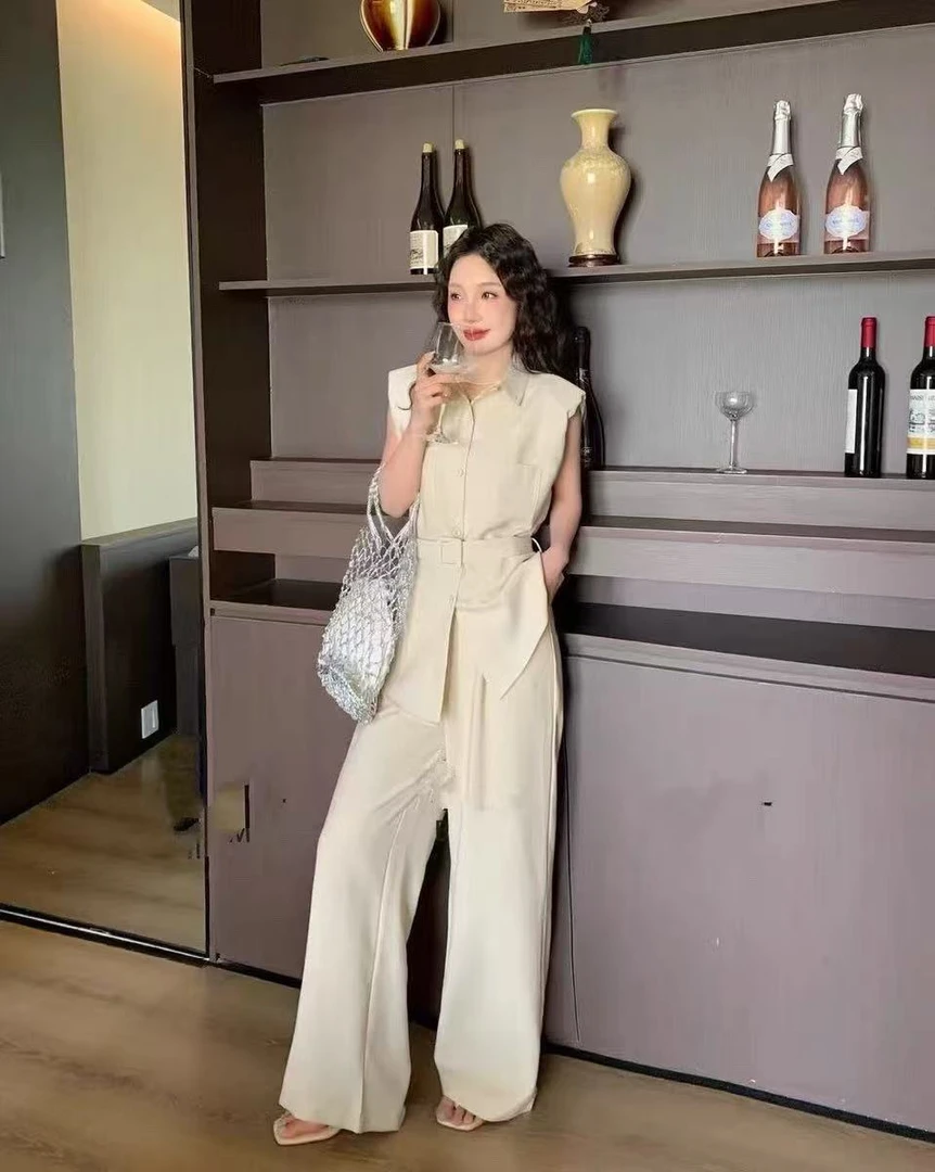 深圳南油高级感时尚腰带收腰无袖衬衫高腰阔腿裤套装2220