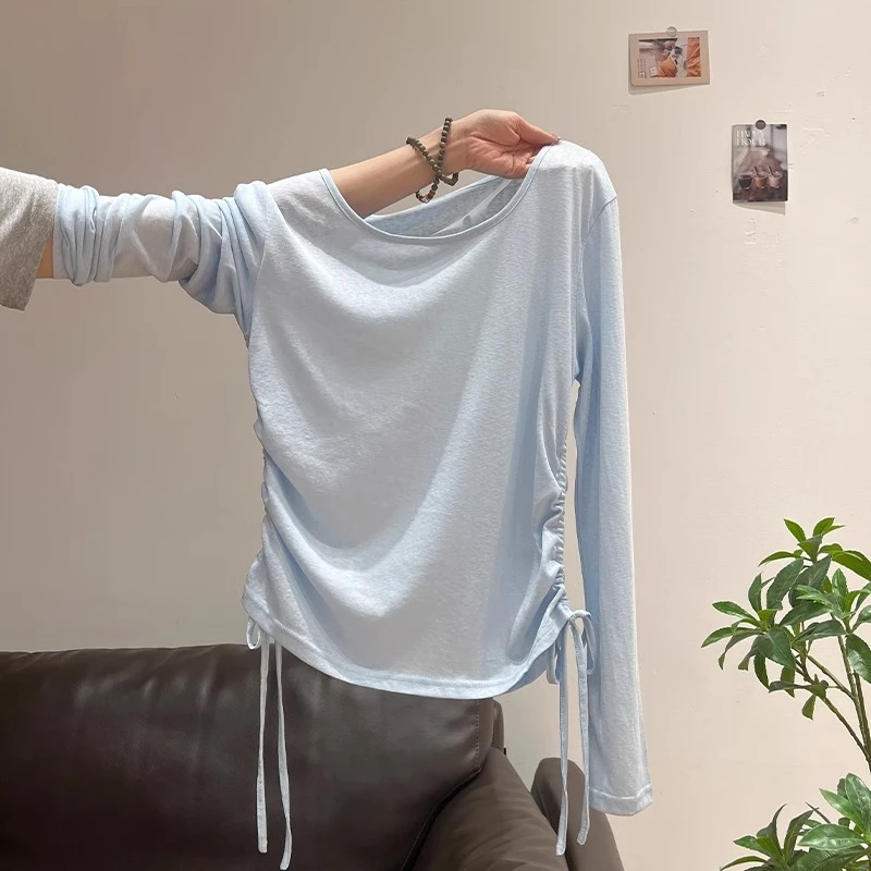 透气浅蓝色凉感冰丝T恤罩衫女2025夏季新款独特抽绳微透薄款上衣