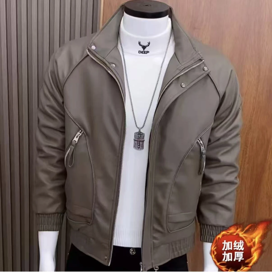 加绒机车皮衣外套痞帅男士立领休闲2025新款冬季潮牌皮夹克外套潮