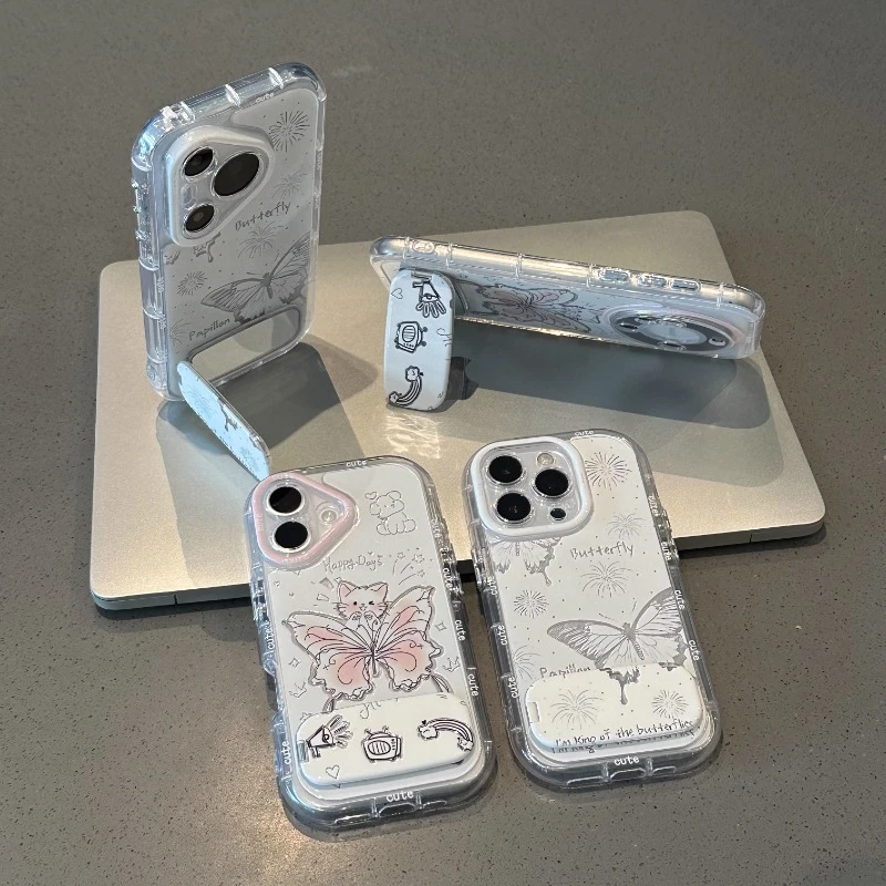 小猫蝴蝶镜面支架新款适用苹果16羽纱手机壳华为vivo小米OPPO防摔