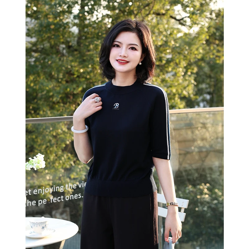 阿楠anan 时光随想 100莱赛尔气质圆领绣花条纹短袖针织衫T恤上衣