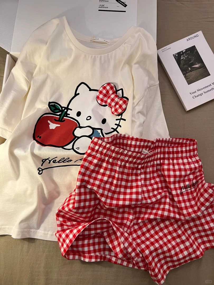 【蝴蝶结kitty猫】甜美慵懒卡通短袖睡衣女夏季新款短裤套装家居服