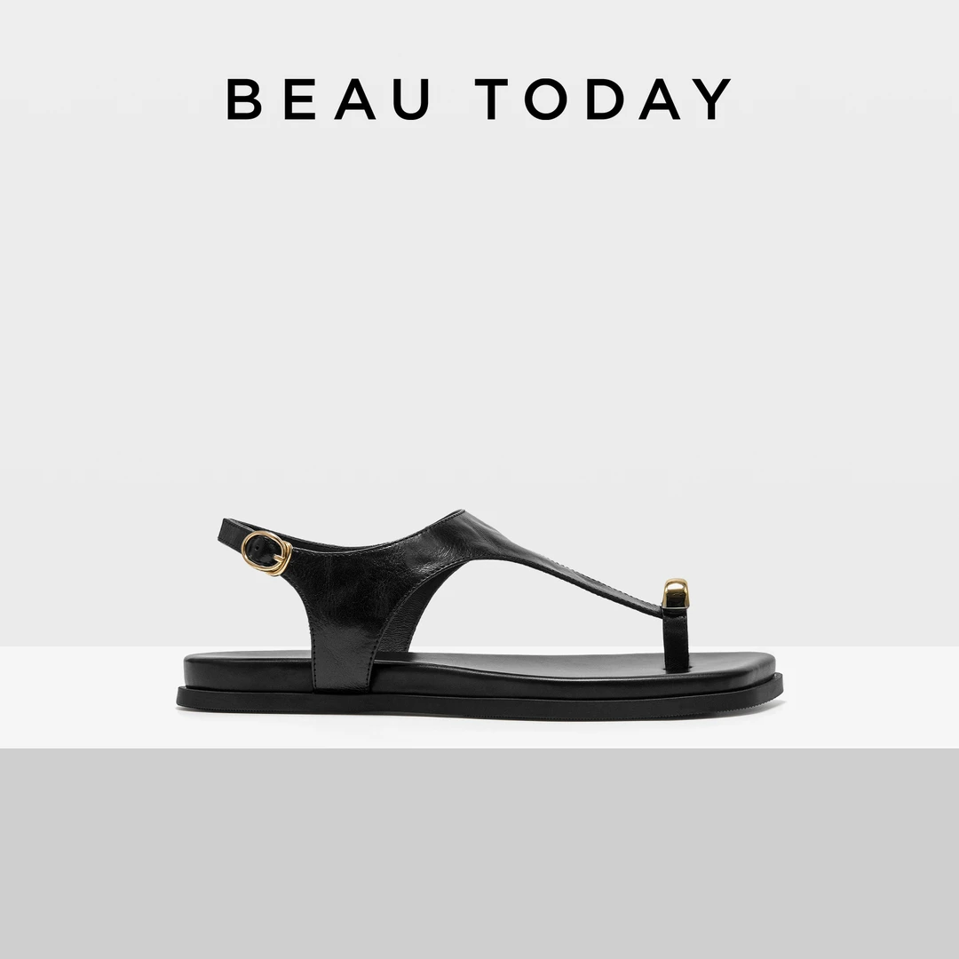 BeauToday夏季套趾凉鞋时装凉鞋罗马风金属平底夹趾凉鞋