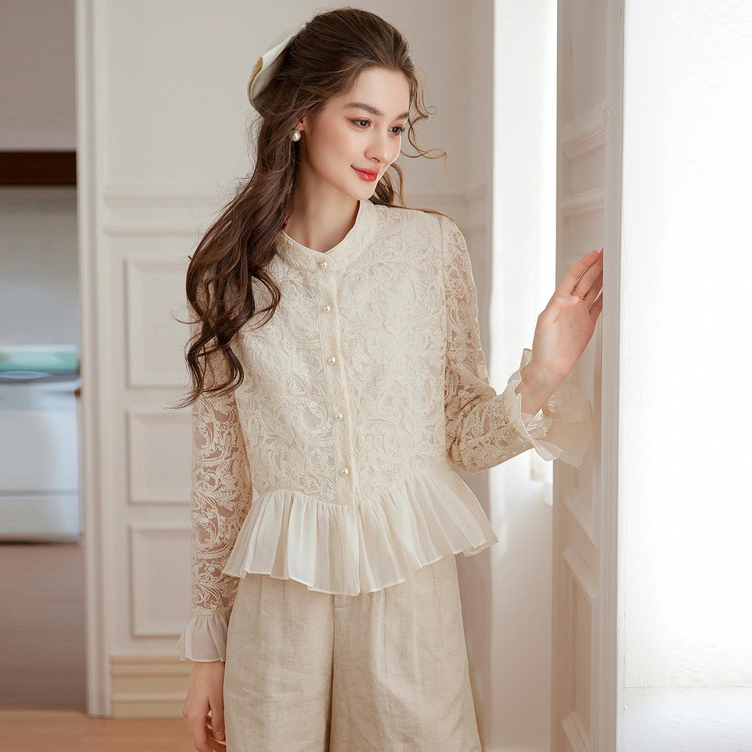 白鹿语时尚气质欧若智性风春圆领镂空花荷叶边女装衬衫BY20268