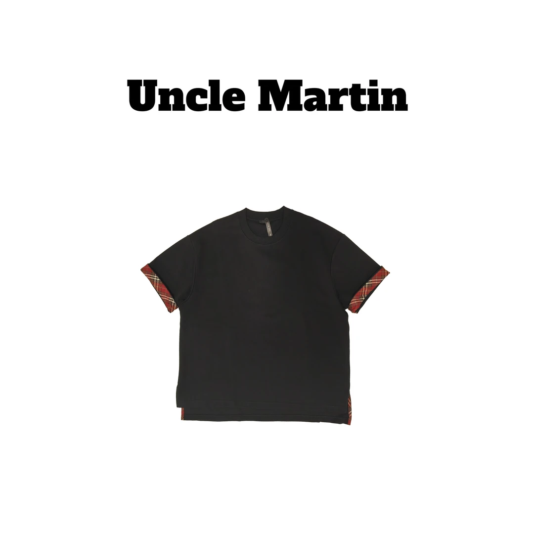 马丁叔叔 25新款夏季短袖撞色港风华夫格T恤黑色圆领 050