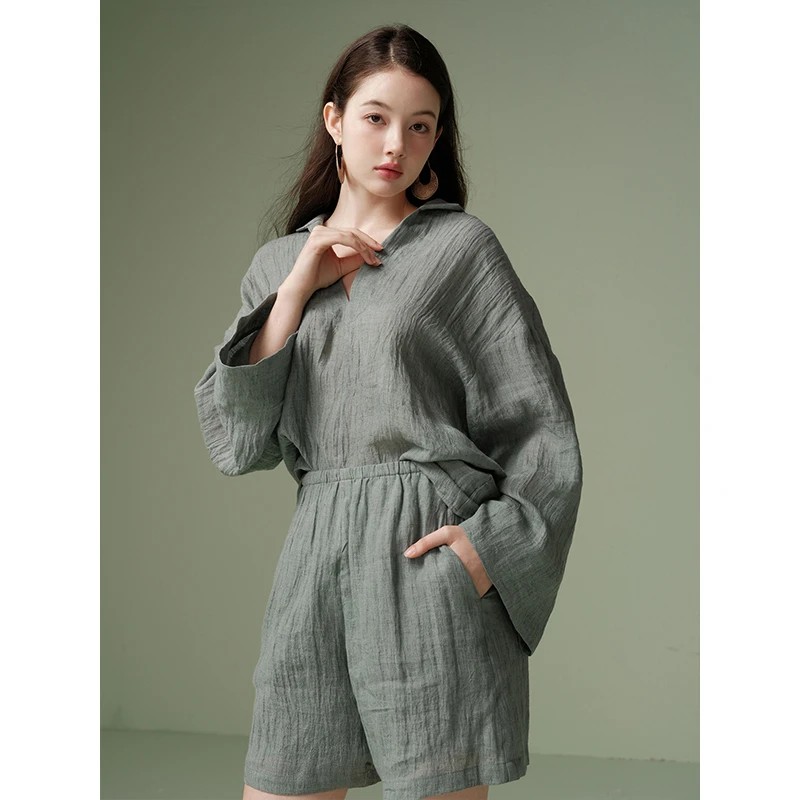 100%色织亚麻 | 帅气公子哥套装 翻领衬衫 小短裤z