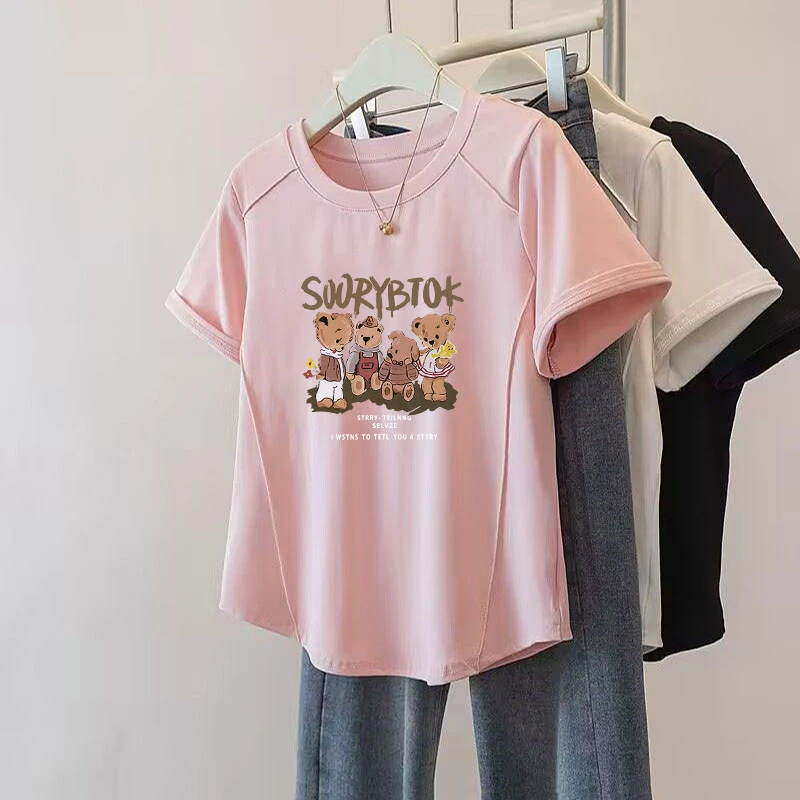 2025夏季新款洋气减龄鱼骨正肩显瘦宽松遮肉纯棉短袖韩版圆领体恤