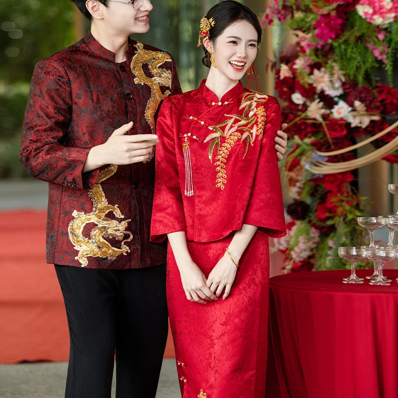 红色敬酒服新娘结婚出阁新中式套装高级长袖订婚礼服裙回门宴会裙