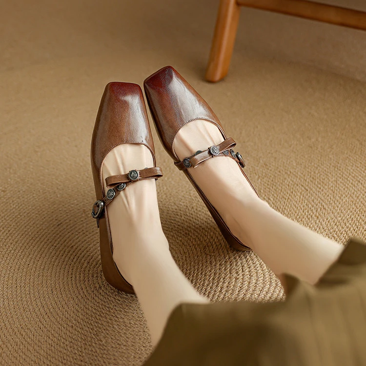 里外纯皮～牛皮2cm方头复古百搭低跟玛丽珍舒适女浅口单鞋春秋坡跟
