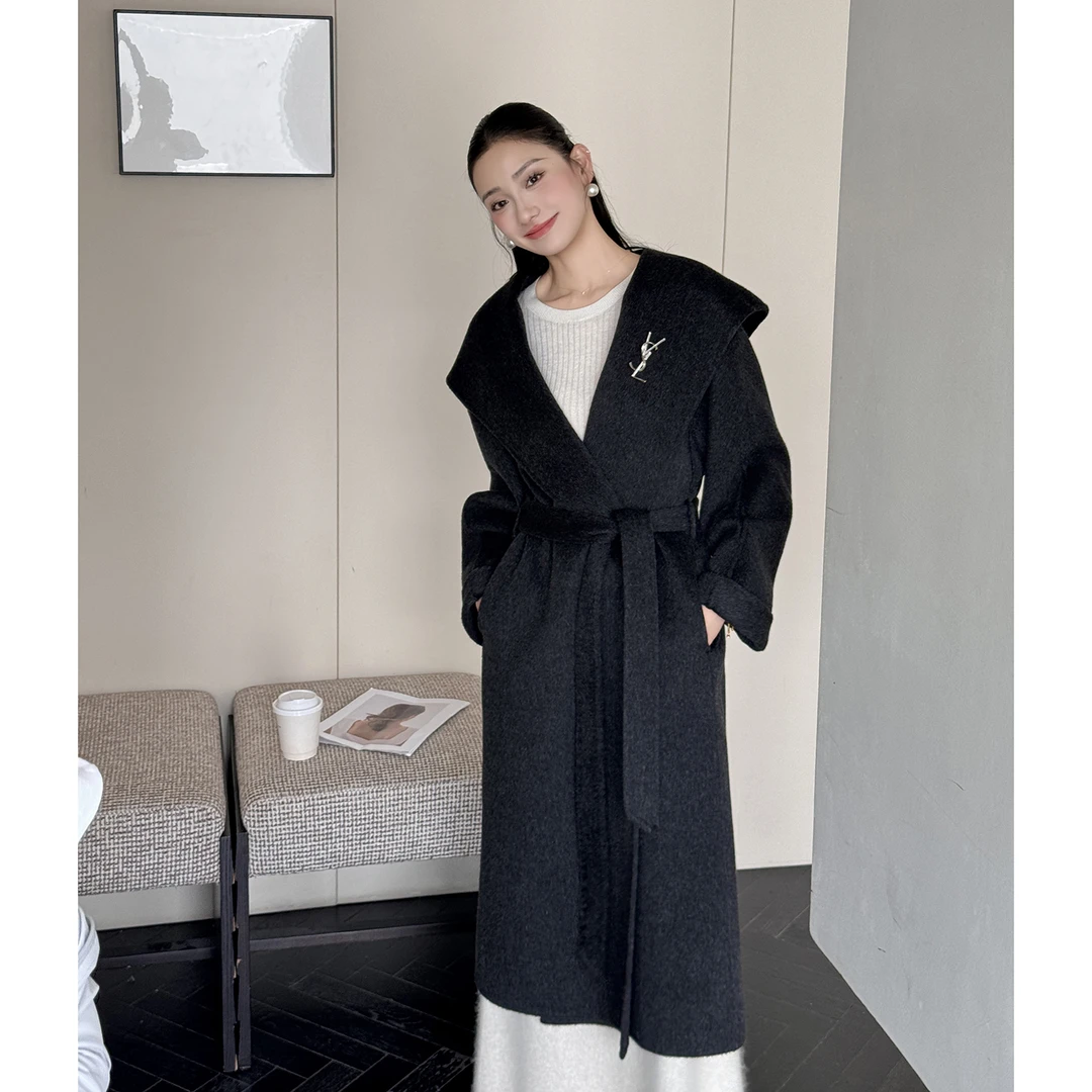 2025秋冬新款高端气质连帽双面羊毛大衣女韩版宽松收腰羊毛呢外套