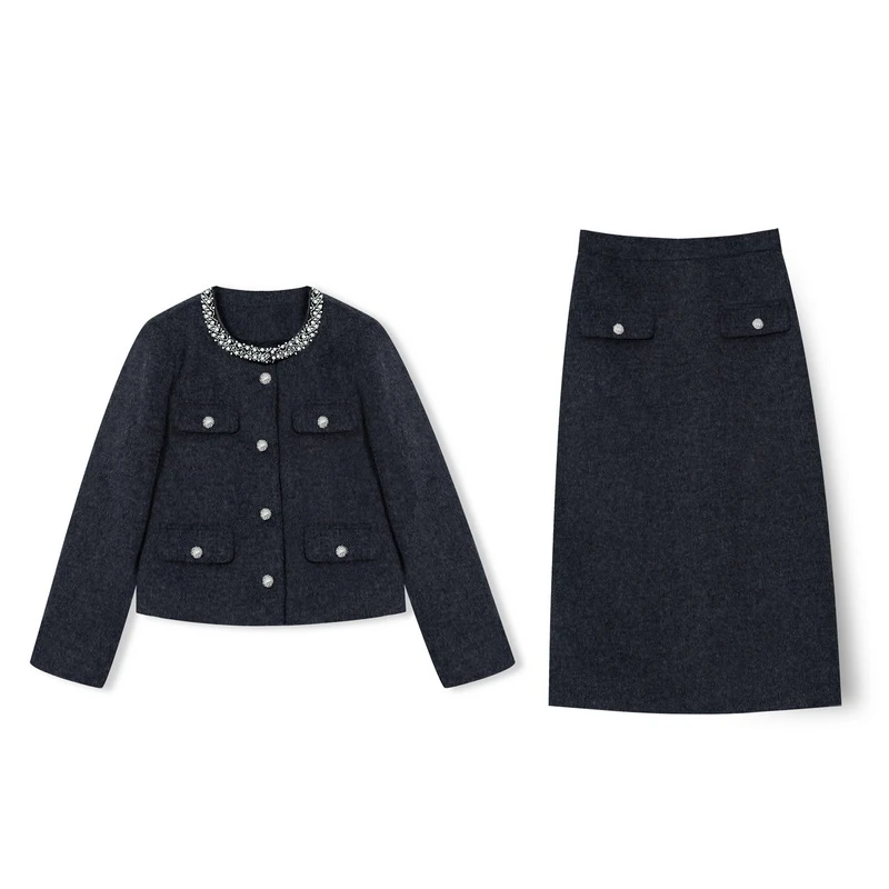 2024冬加绒加厚款上衣填充白鸭绒重工钉珠法式轻奢小香风套装