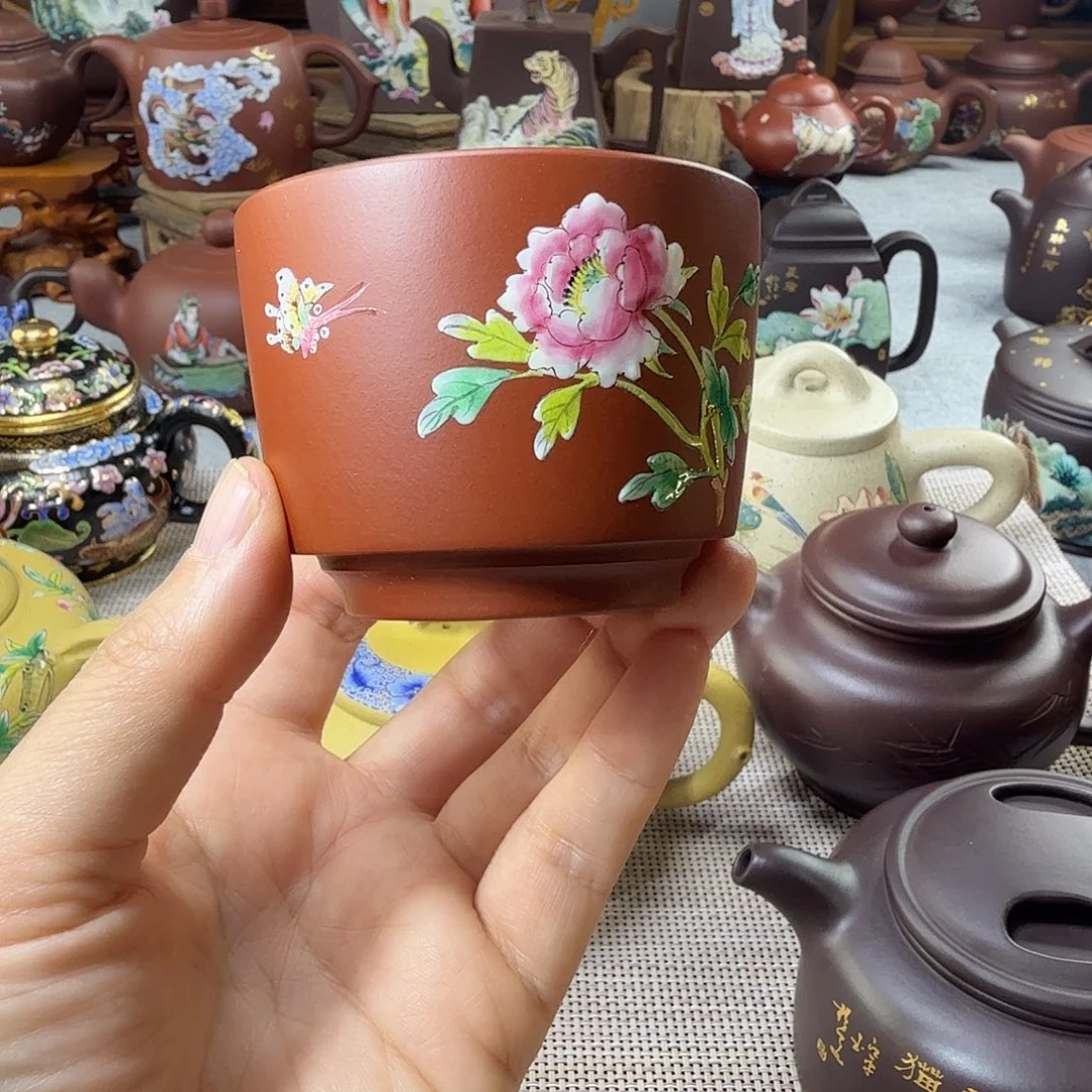 紫砂茶壶手绘牡丹杯124678