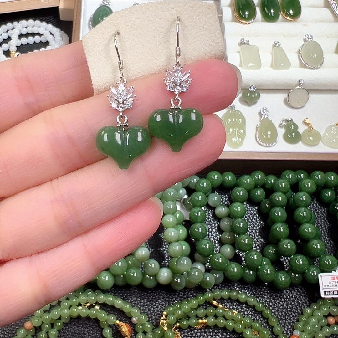 和田玉（碧玉）银S925镶嵌耳饰