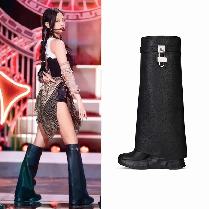 jennie虞书欣同款锁扣中筒坡跟鲨鱼靴女厚底增高长筒靴高筒裤管靴