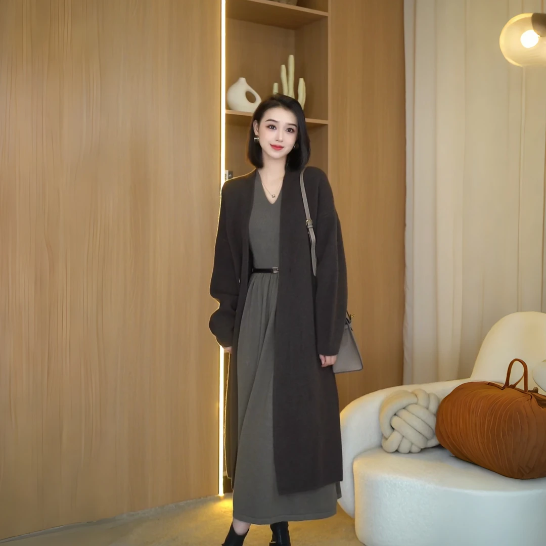 韩系慵懒风中长款针织衫外套女秋冬时尚毛衣外套7364