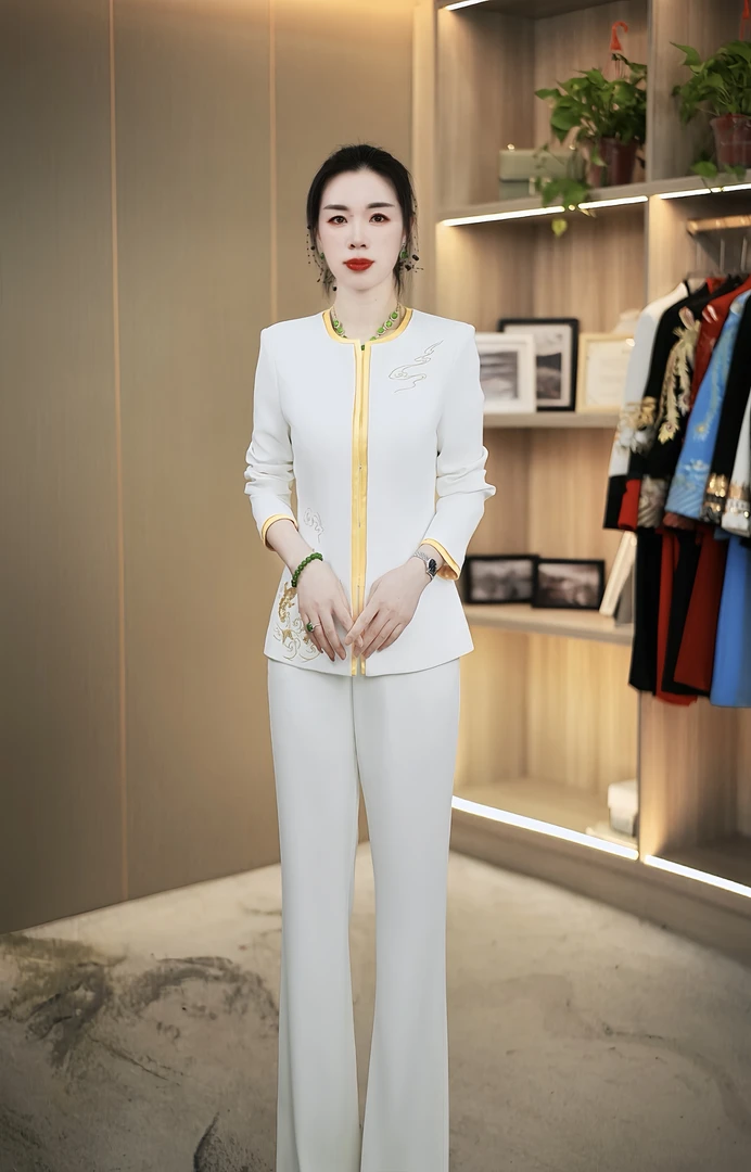 BYGB-2025春季新款中式金鱼刺绣撞色拼接圆领显瘦套装女