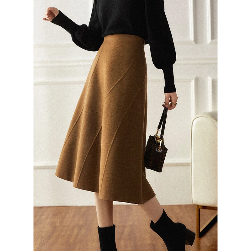 2025秋冬新款优雅百搭高腰显瘦羊毛双面呢半身裙女伞裙中长款气质