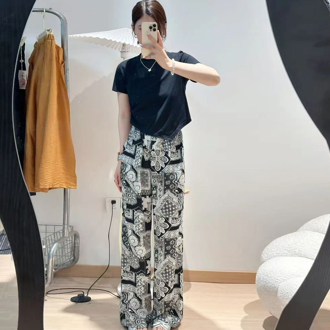 欧货复古印花抽绳松紧腰阔腿裤女2025夏宽松气质莱赛尔天丝直筒裤