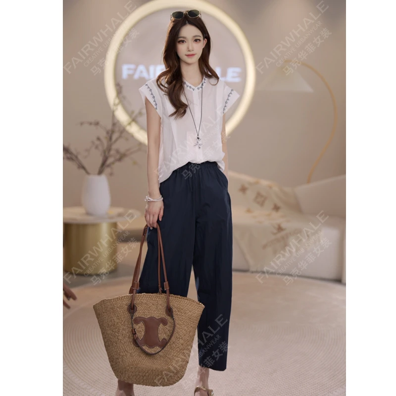 马克华菲女装2025夏季圆领刺绣小飞袖衬衫女宽松显瘦洋气上衣 v