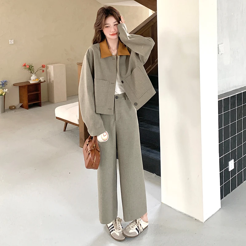 撞色上衣裤子两件套女2025年春季新款韩系设计感百搭时尚套装