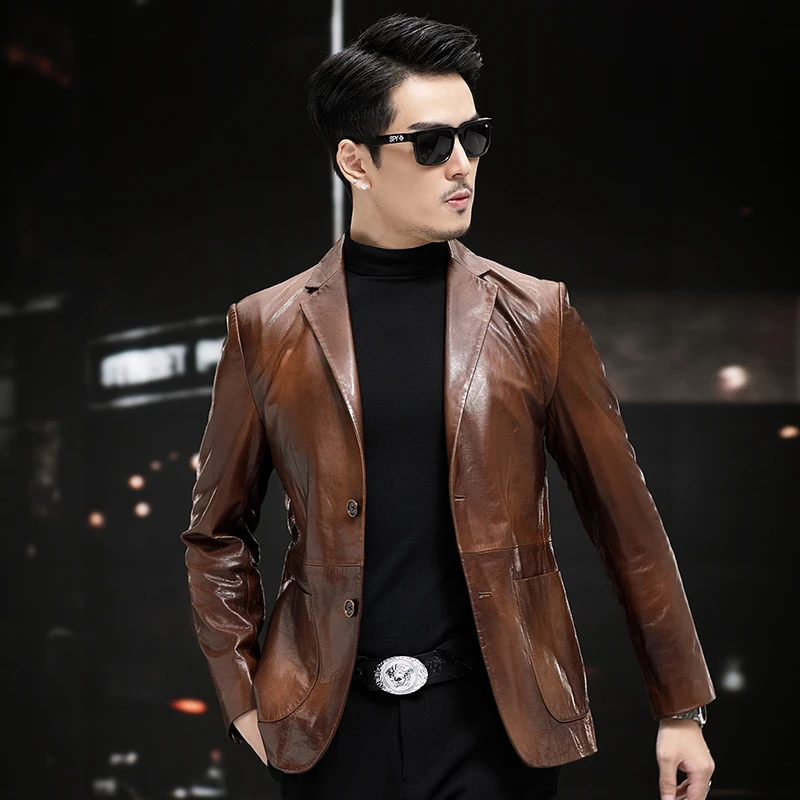 23087 ZKK头层山羊皮西装海宁男士商务休闲西服时尚修身棕色外套