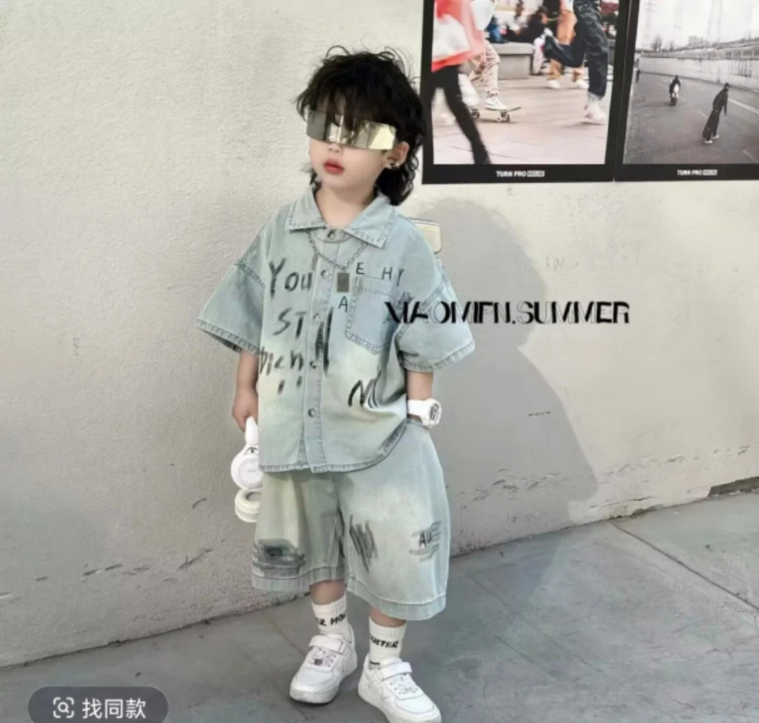 儿童夏季男童新款短袖套装帅气洋气薄款牛仔衬衫夏装两件套潮SZ