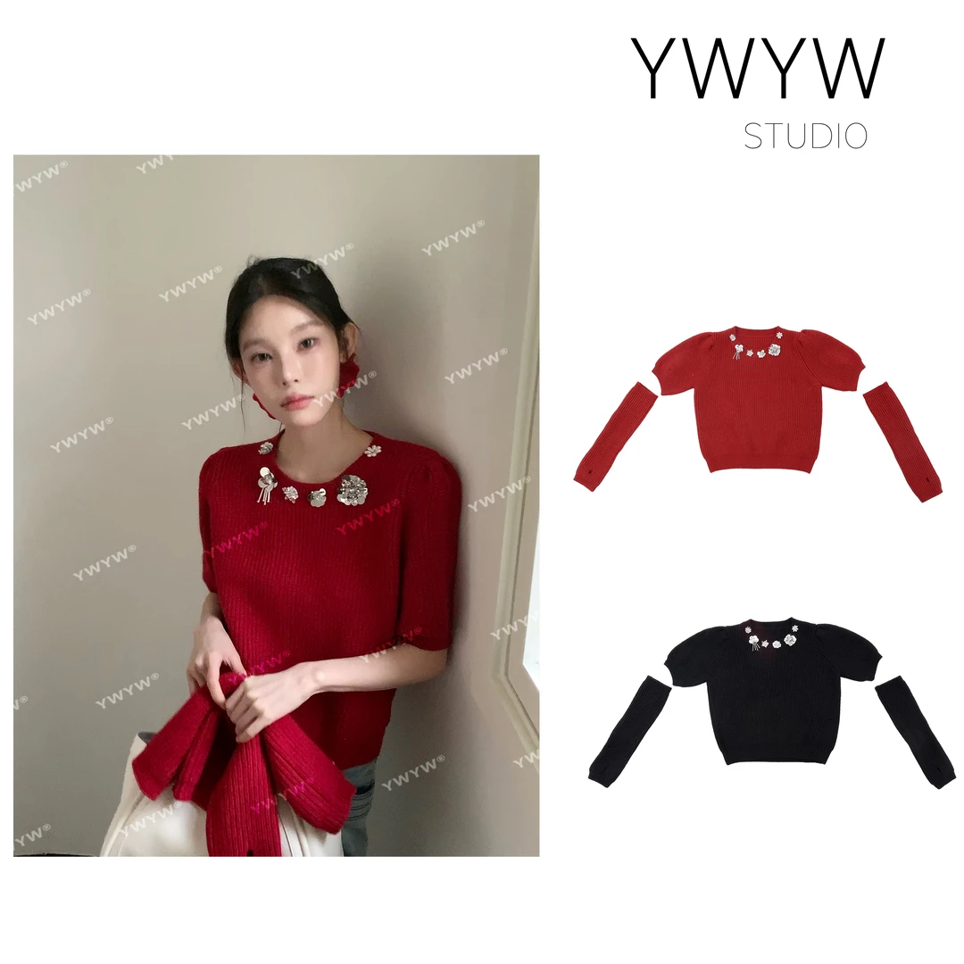 【YWYW25S/S】早春设计感手工亮片钉珠配饰针织衫+针织袖套毛衣3603