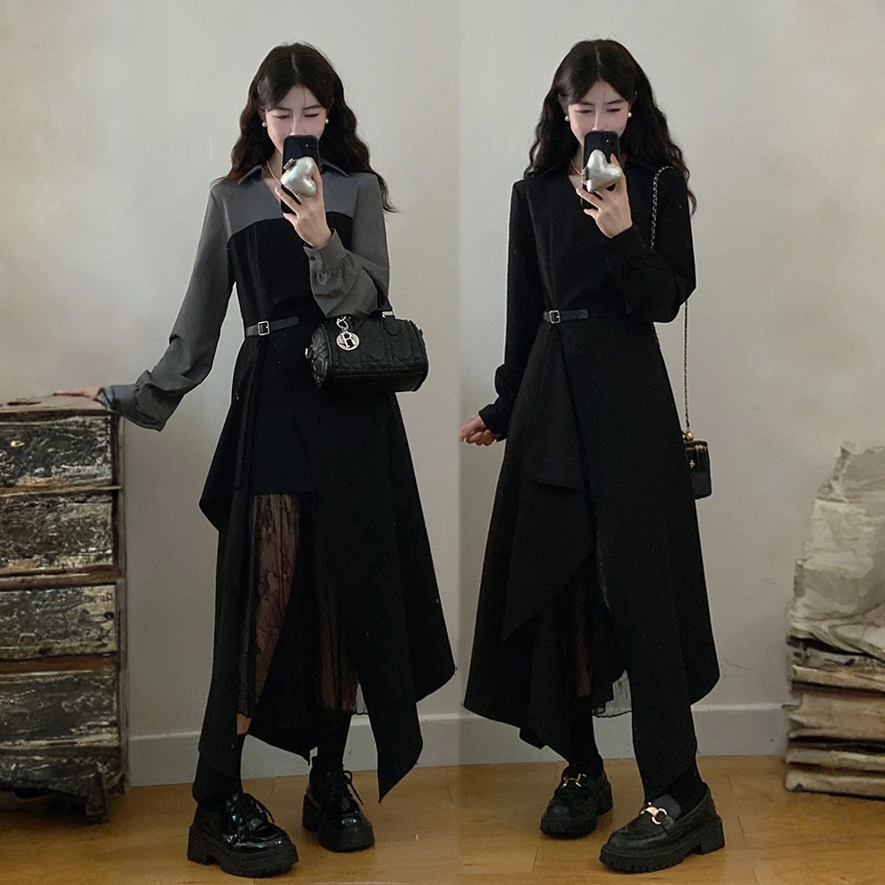 大码高级感酷飒时尚套装女秋季胖MM气质收腰衬衫+百褶网纱半身裙