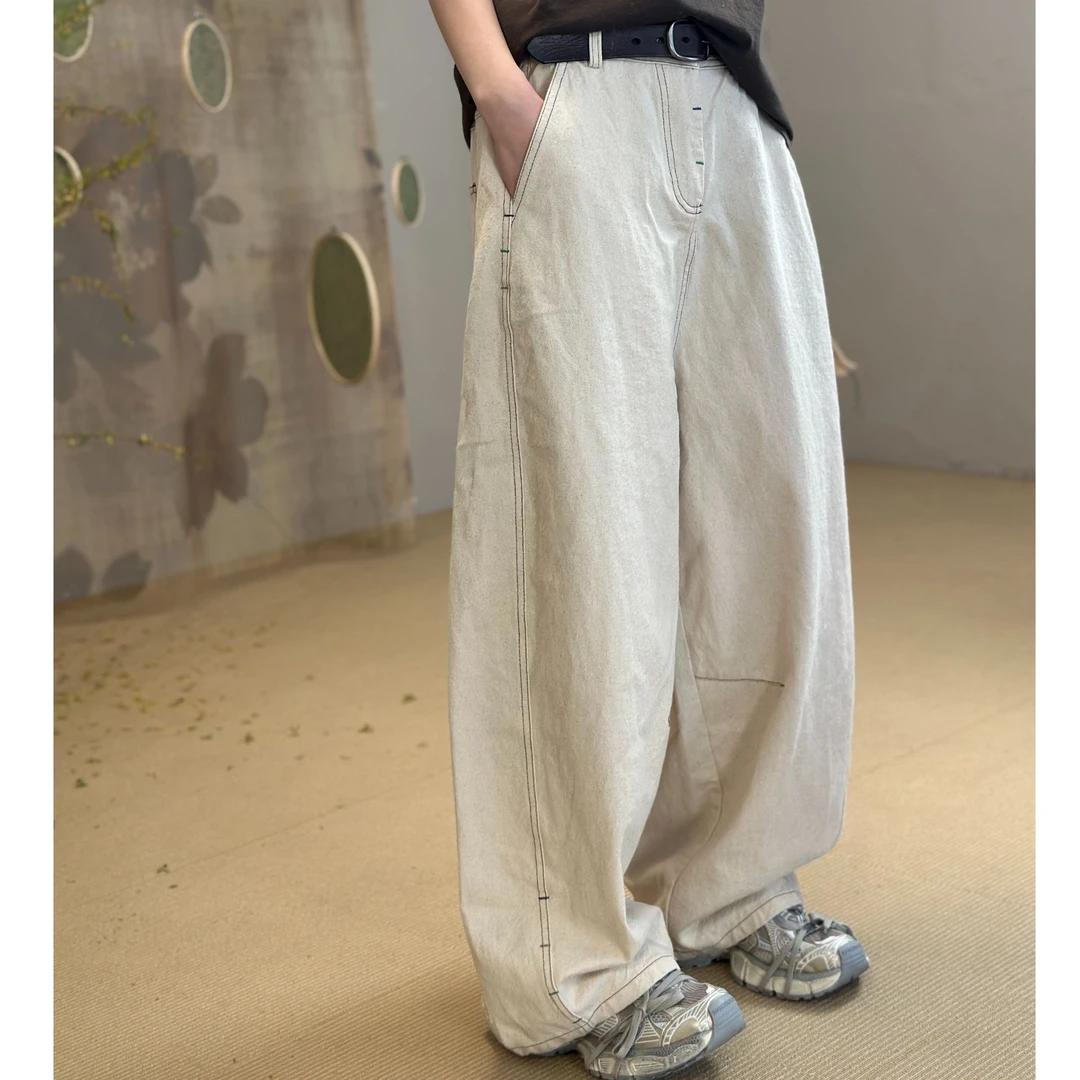 忆古朴拙250218春秋色织棉斜纹长裤中性百搭韩版休闲裤阔腿裤高腰