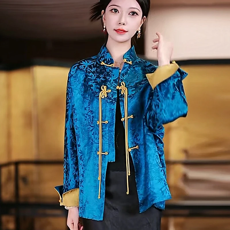 复古日记“长柏”一片式桑蚕丝亚麻暗纹提花孔雀蓝衬衫外套25EW659