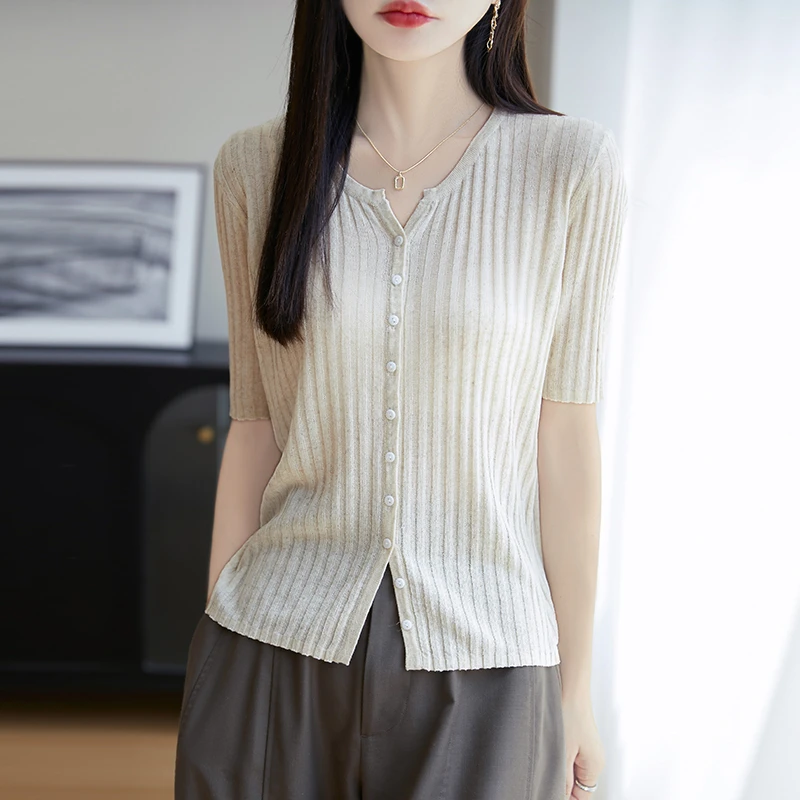 剪刀领抽条开衫短袖女亚麻莱赛尔天丝针织外套显瘦气质空调衫薄款