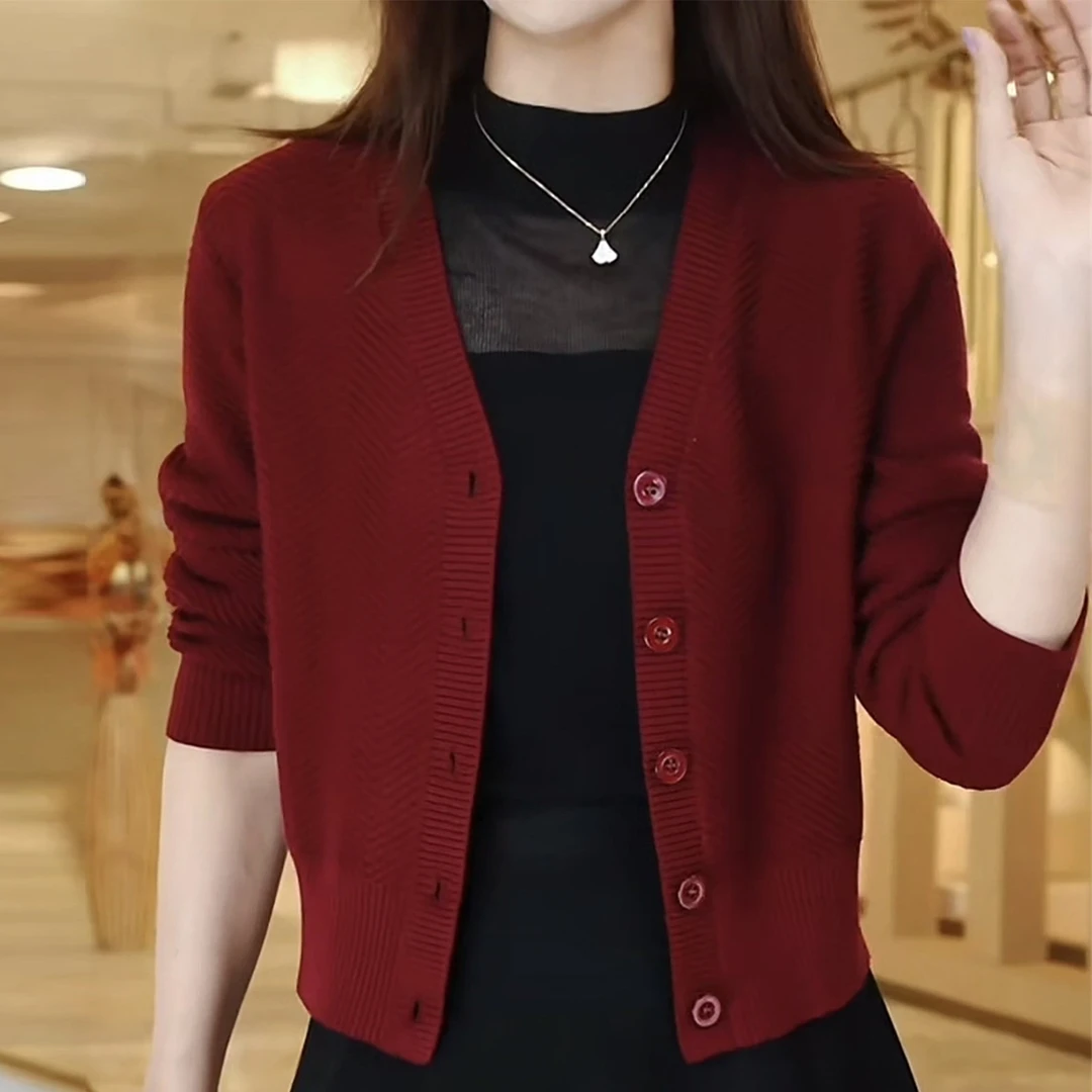 红色V领针织开衫女装长袖纽扣外搭毛衣2025秋装外套洋气宽松上衣