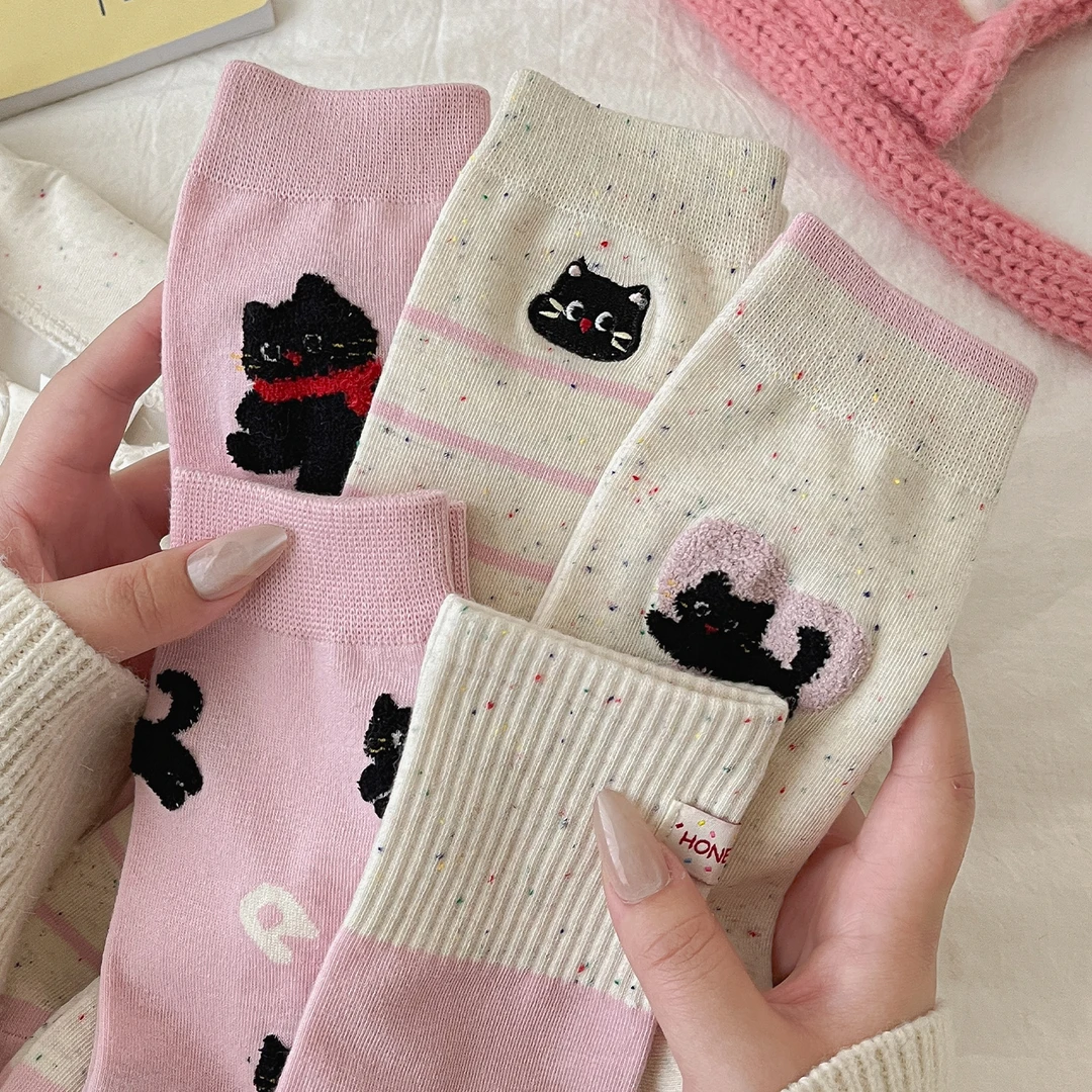 杭臻粉色卡通植绒猫咪袜子女中筒袜春秋季棉袜可爱点子纱长堆堆袜