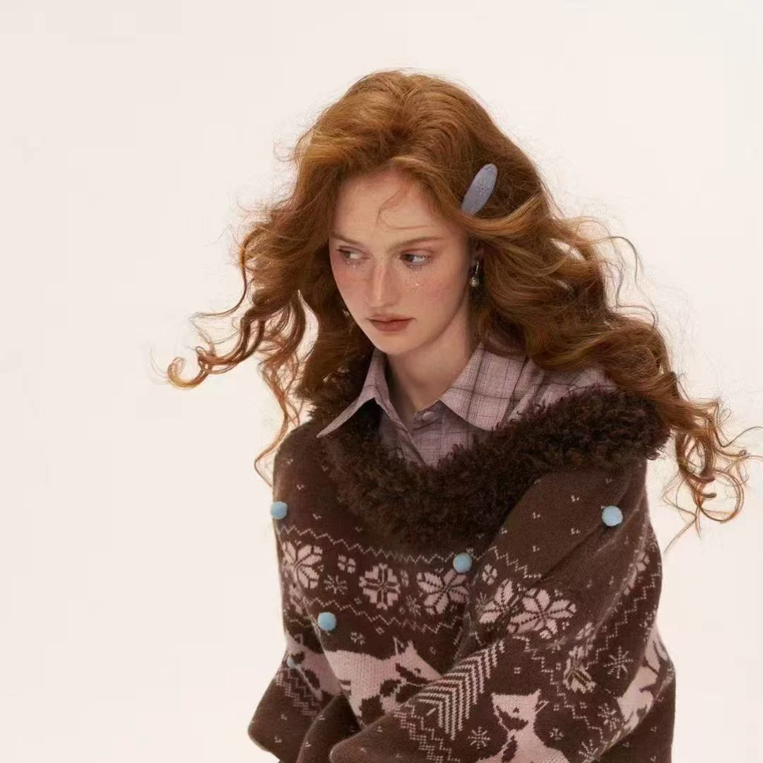 12.15 秋冬新款韩系慵懒风大v领费尔岛毛衣女宽松针织衫