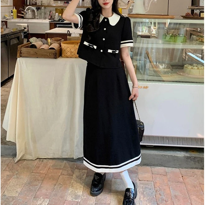 小香风大码胖人穿搭减龄复古学院风娃娃领上衣搭配半身裙黑色裙子