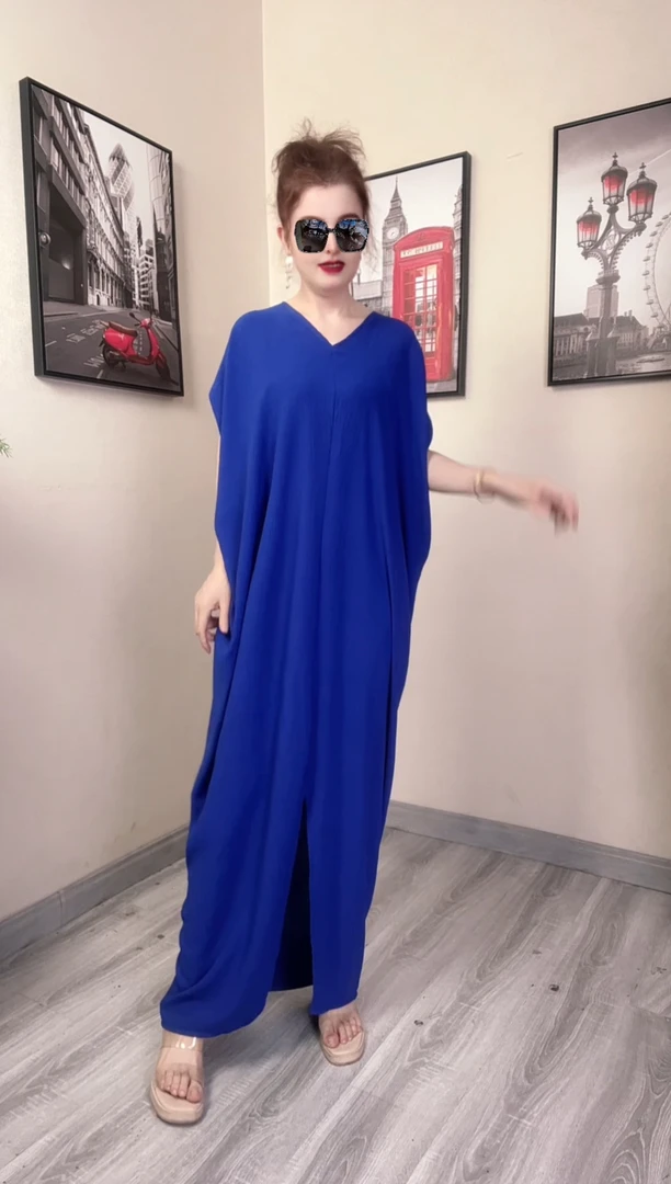 夏季显瘦温柔风设计师宽松腰气质纯色V领蝙蝠袖遮肚子连衣裙裙子