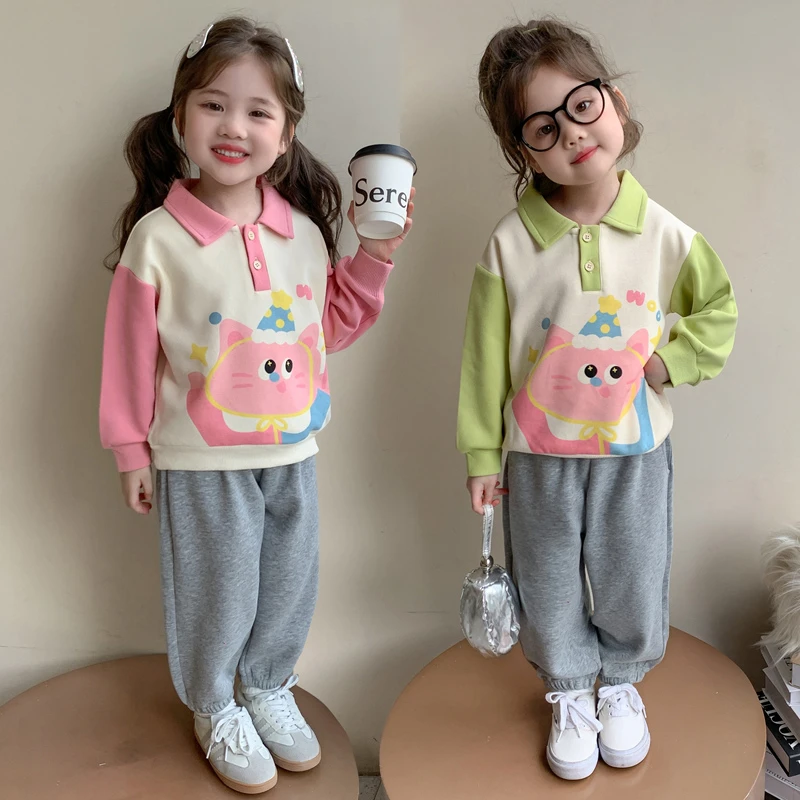 女童拼色印花小猫套装时髦春秋款女宝宝polo卫衣休闲两件套小童