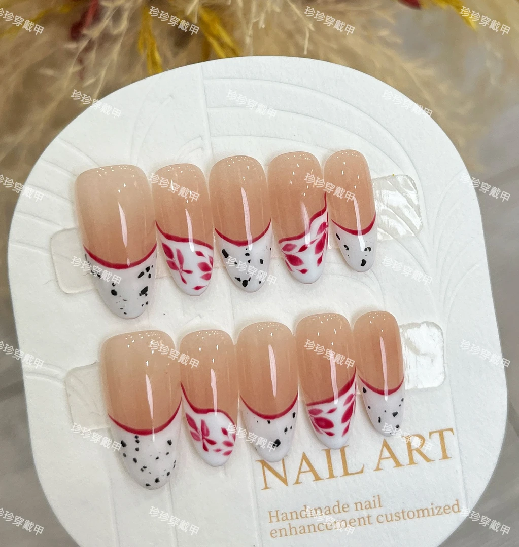 【枫叶红】珍珍手工穿戴甲气质显白法式手绘枫叶可重复使用美甲贴片
