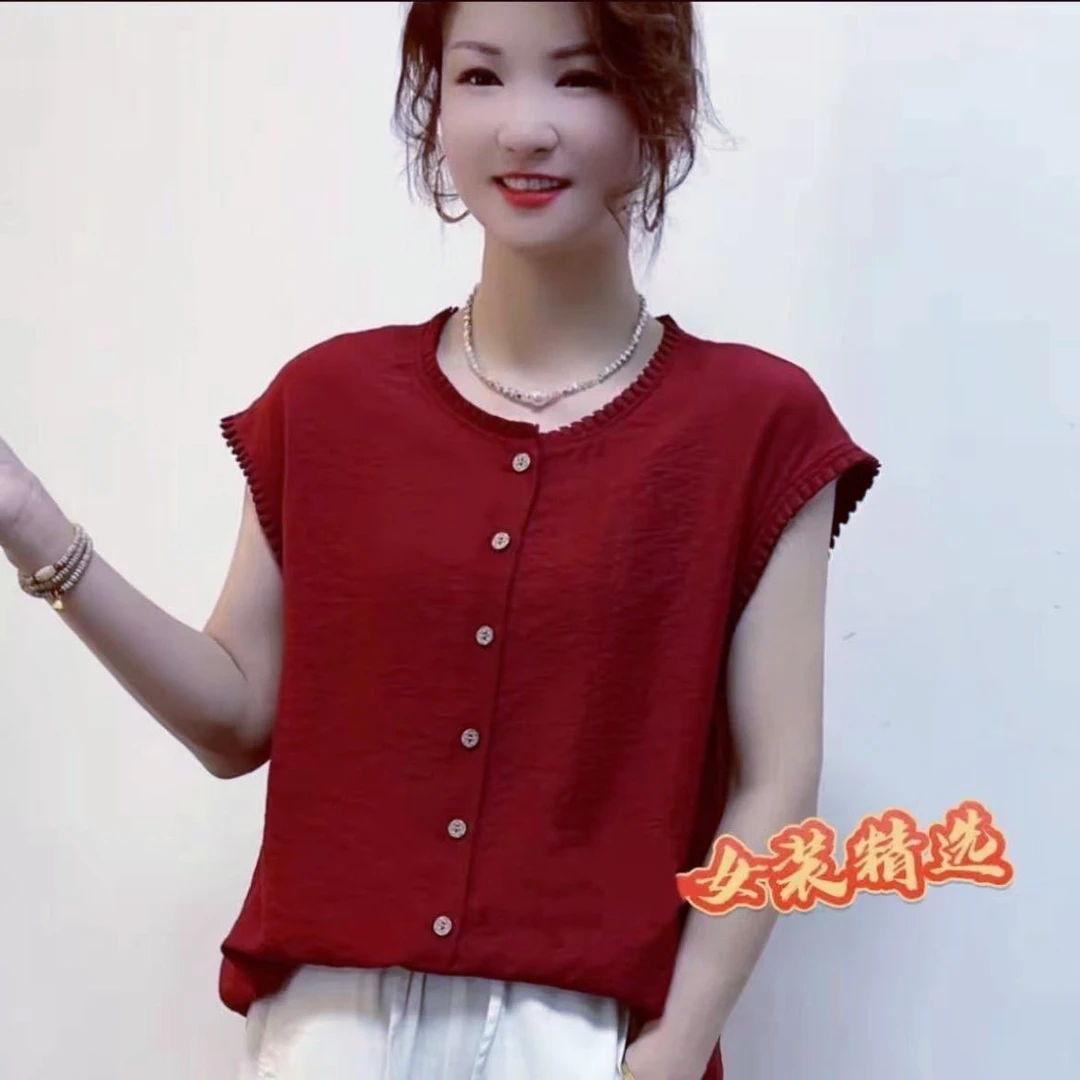 2025夏款木耳边休闲洋气纯色套头衬衫复古先手单排扣百搭无袖T恤