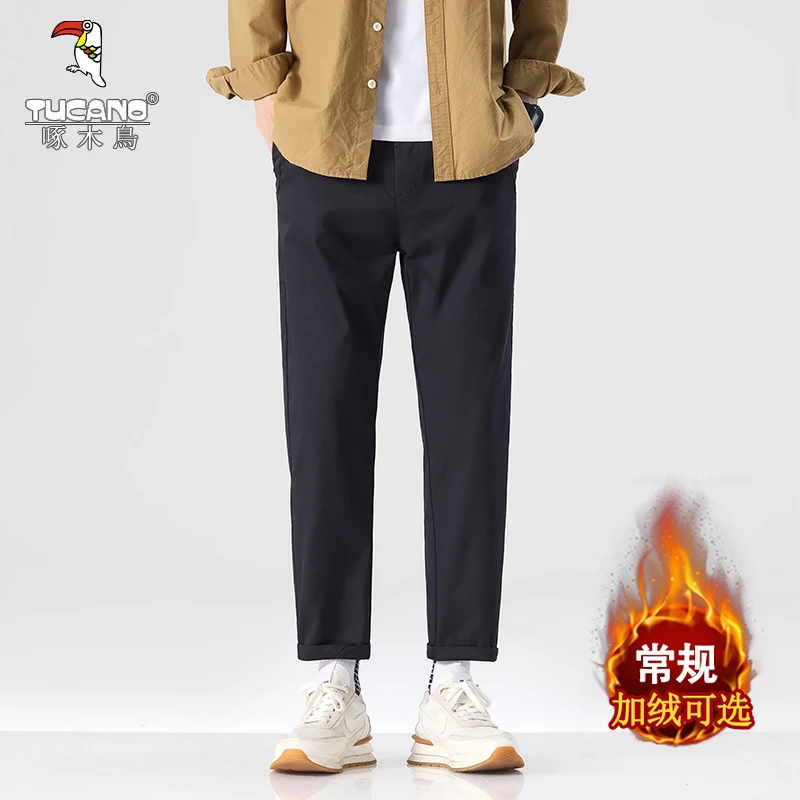 啄木鸟高端宽松直筒休闲裤男士秋冬舒适商务西裤长裤男款加绒加厚