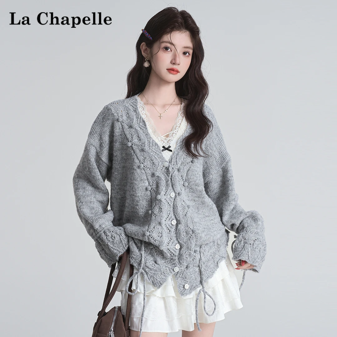 拉夏贝尔法式纯欲镂空灰色针织衫女士冬季新款V领收腰慵懒感毛衣